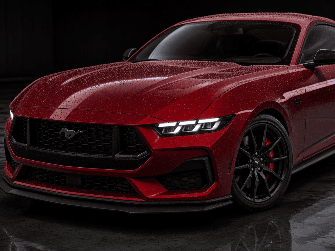 A deep red Ford Mustang, freshly washed, water beaded across the paint in a dark shop