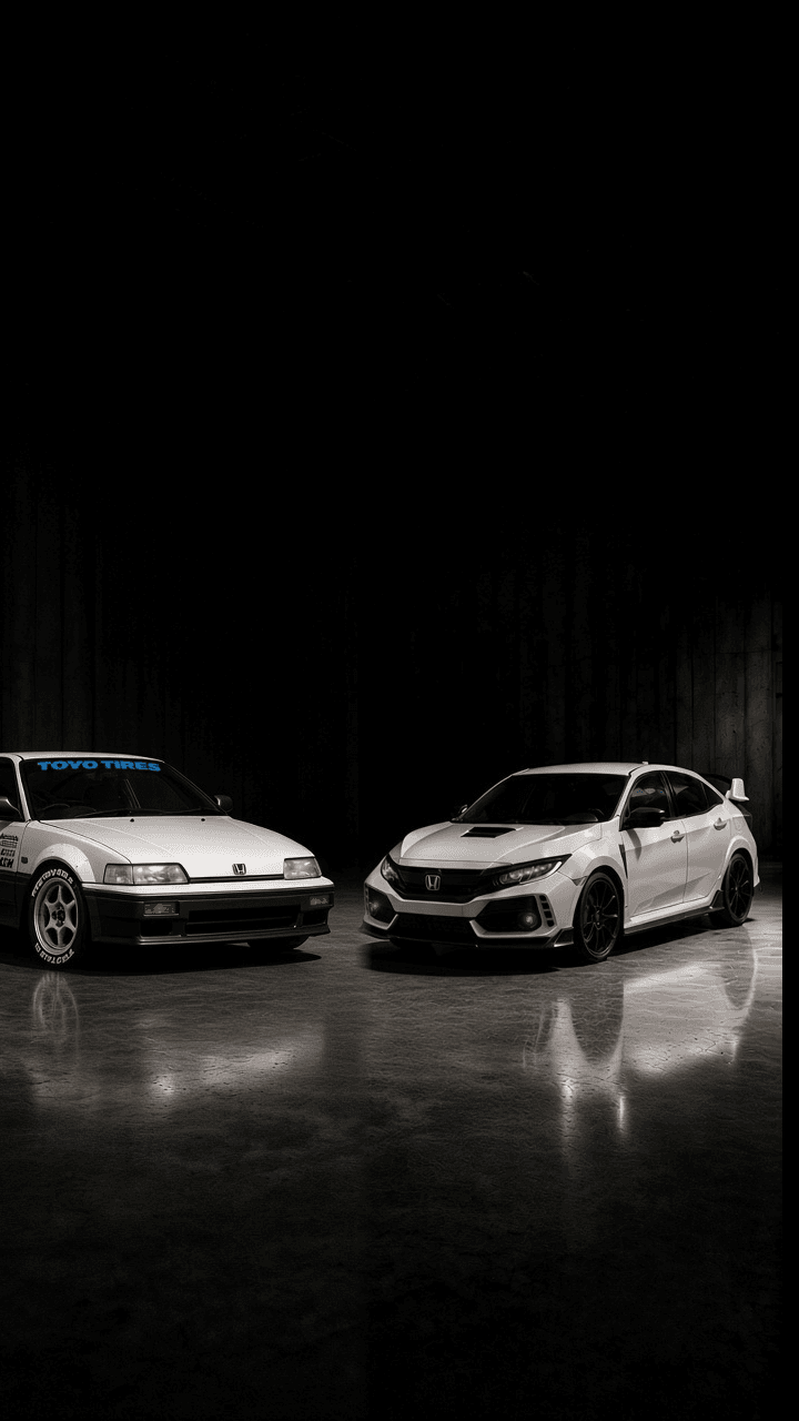 A white first-generation Honda CRX and a white Honda Civic Type R parked together in a dark warehouse