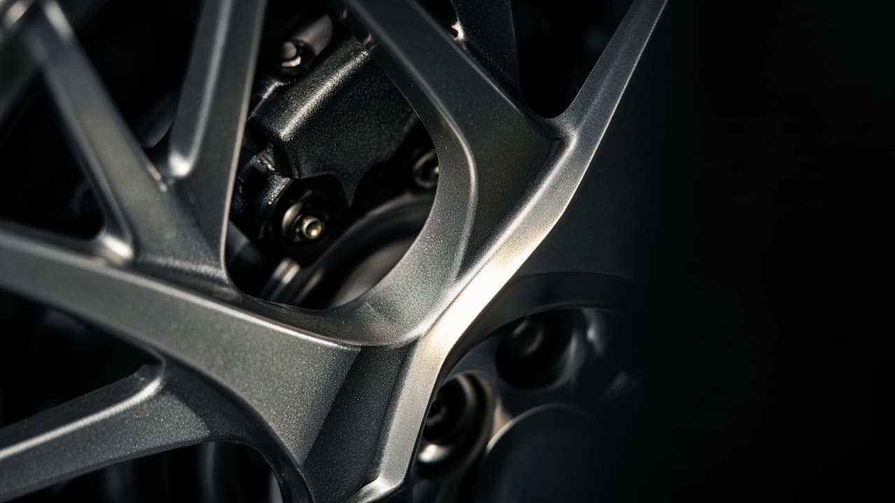 Macro detail of a clean alloy wheel and brake caliper