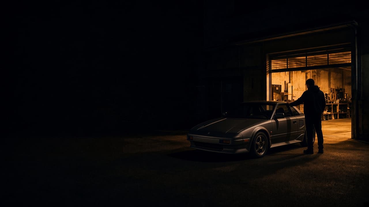 A first-generation Toyota MR2 outside a lit garage at night