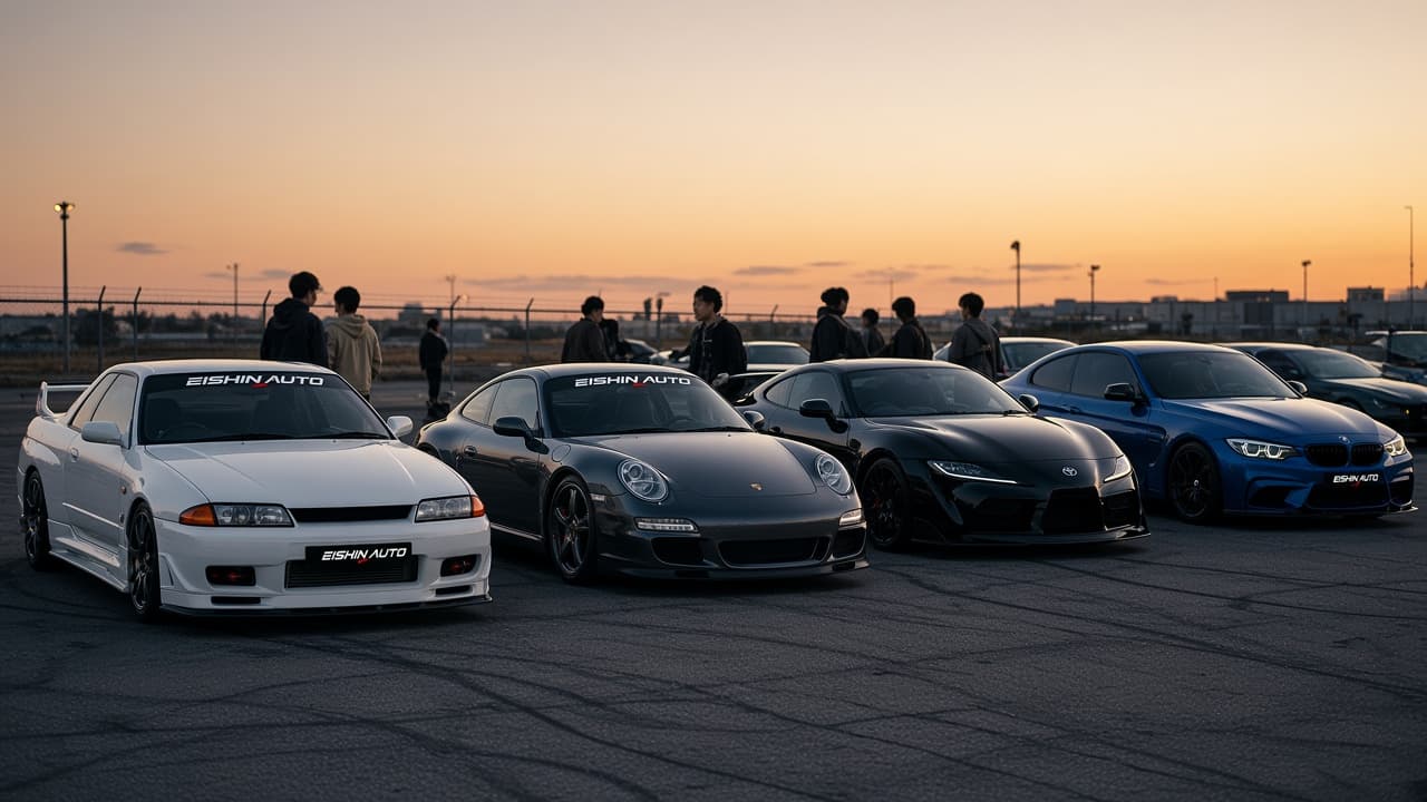 Enthusiast cars and owners gathered in an open lot at dusk